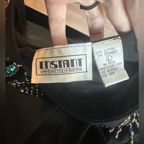 Vintage Bejeweled Black Bodysuit Sz L Rhinestone Long Sleeve Glam Festival A142 - Picture 3 of 5